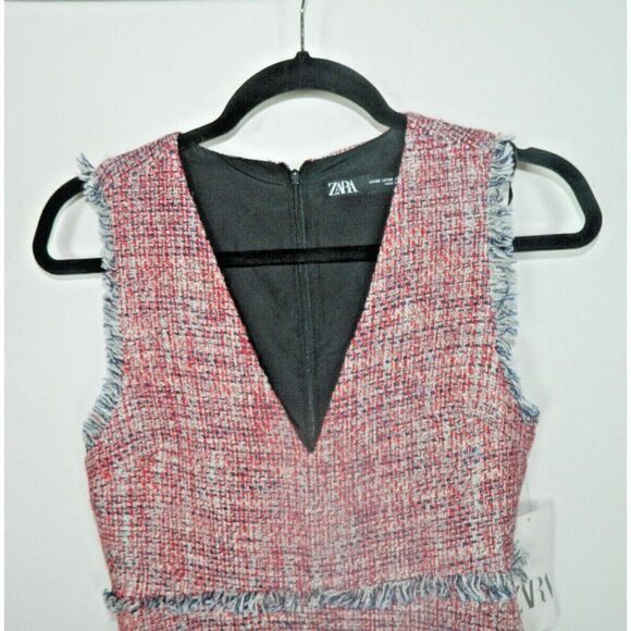 Zara Dress Size X-Small Red Blue Tweed Fringe Pocket Sleeveless Frayed Trim - Picture 5 of 13